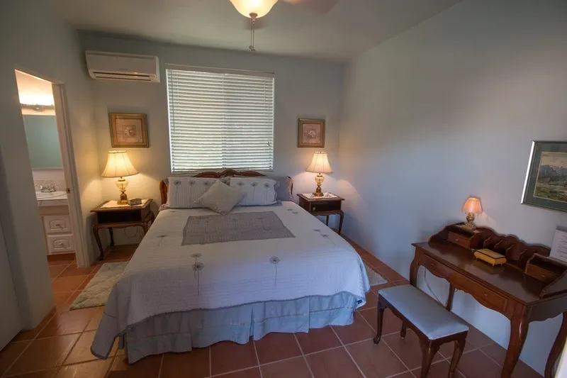 A bedroom with a bed, desk and two lamps.